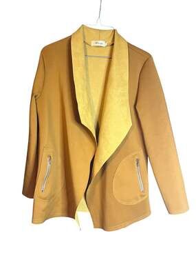 Miaopu Women's Mustard Yellow Faux Suede Open Front Draped Blazer with Zipper Po